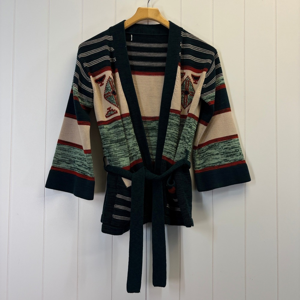 Vintage 70s Boho Striped Belted Cardigan Sweater Women Size M/L Earthy Hippie